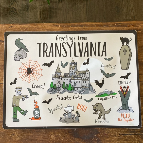 Halloween Greetings From Transylvania Placemat - Thick Vinyl Foam Backed 13”x18” - Picture 1 of 7